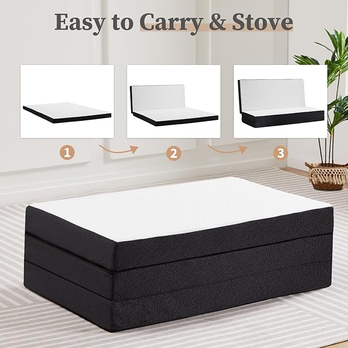 Sweetcrispy Tri-fold Memory Foam Mattress - 4 Inch Full Size Portable Bed Pad, Foldable Floor Mat, Collapsible and Washable Cover with CertiPUR-US Certified, for Travel & Camping & Yoga