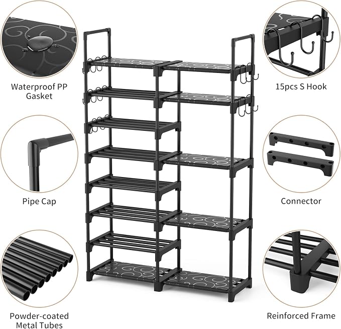 ROJASOP Shoe Rack Organizer, 8-Tier Metal Shoe Rack for Closet Entryway Garage, 26-32 Pairs Tall Shoe Boot Storage Shelf with 15 Hooks, Stackable Large Shoe Stand - Image 5