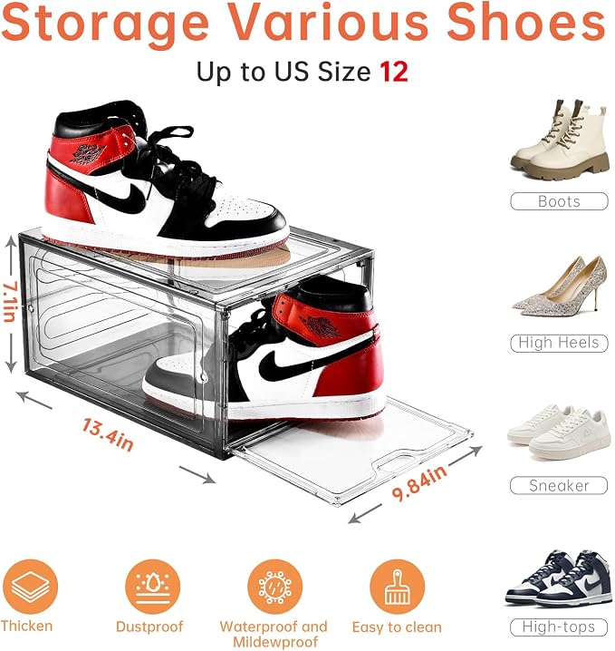 INSTY 12 Pack Gray Transparent Shoe Storage Organizer, Stackable Shoe Boxes for Closet, Drop Front Plastic Shoe Box with Grey Door, Easy to Assemble, Fit up US Size 12(13.4”x 9.8”x 7.1”) - Image 2