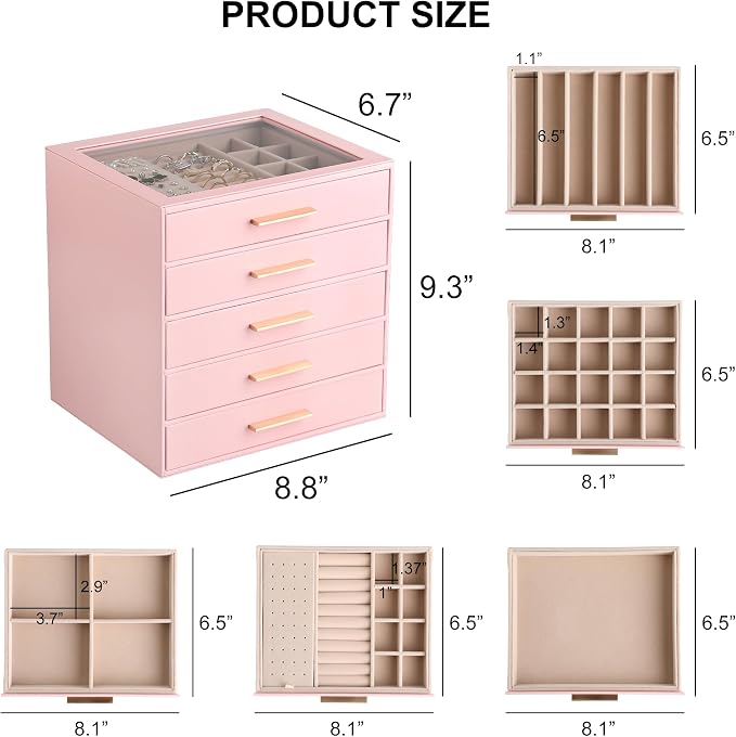 Frebeauty Clear Lid Jewelry Box,5-Layer Jewelry Organizer with Drawer,PU Leather Jewelry Organizers and Storage,Jewelry Boxes for Women,Jewelry Storage for Rings Earring Stud,Gift for Women(Pink) - Image 3