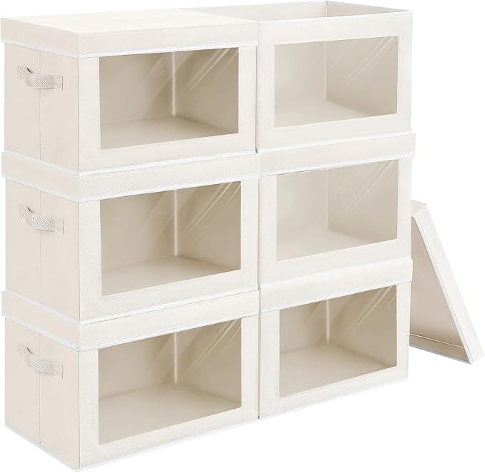 Homsorout Stackable Storage Bins with Lids - Medium Storage Box with Lids, Foldable Closet Boxes for Organizing, Wardrobe Clothes Organizer with Window, Fabric Bins for Living Room, 6 Pack, Beige by Homsorout