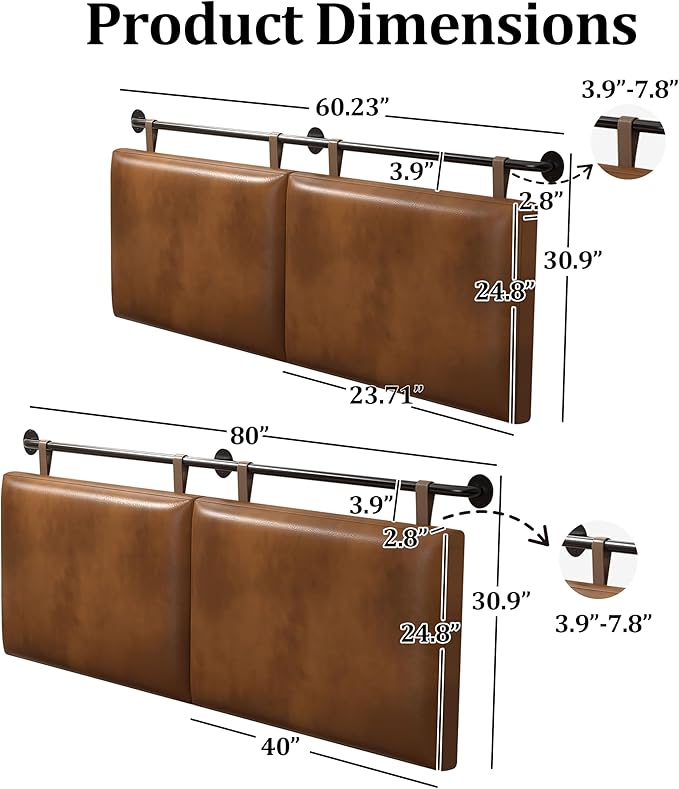 BSHOMGI Queen Headboard, Hanging Headboards with Brown Faux Leather Industrial Pipe Modern Style Only for Bed Backboard Headboards for Queen Size Bed