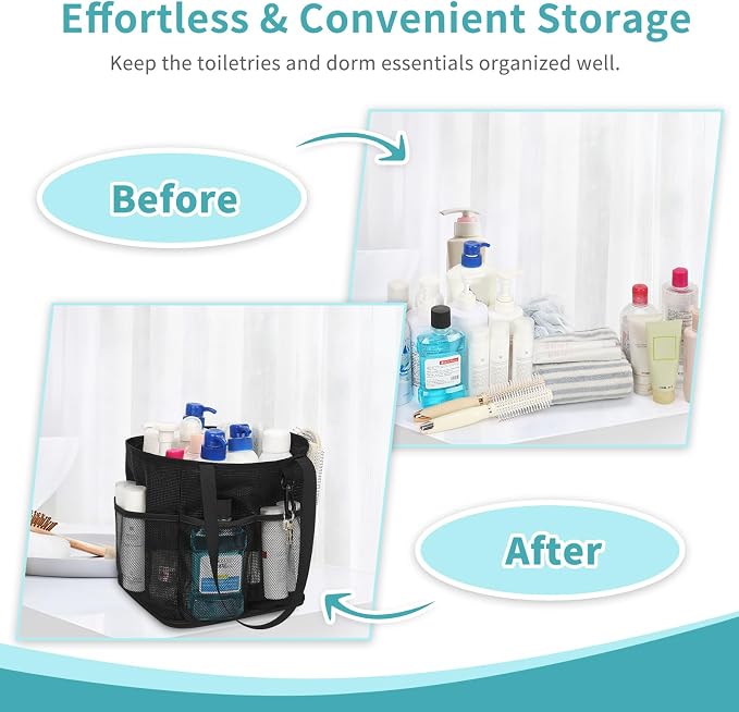 Mesh Shower Caddy Portable for College Dorm Room Essentials, Shower Tote Bag with Hanging Hook and Drawstring, Quick Dry Toiletry Bag with 6 Pockets for Bathroom, Swimming, Gym, Camping, Beach, Travel - Image 8