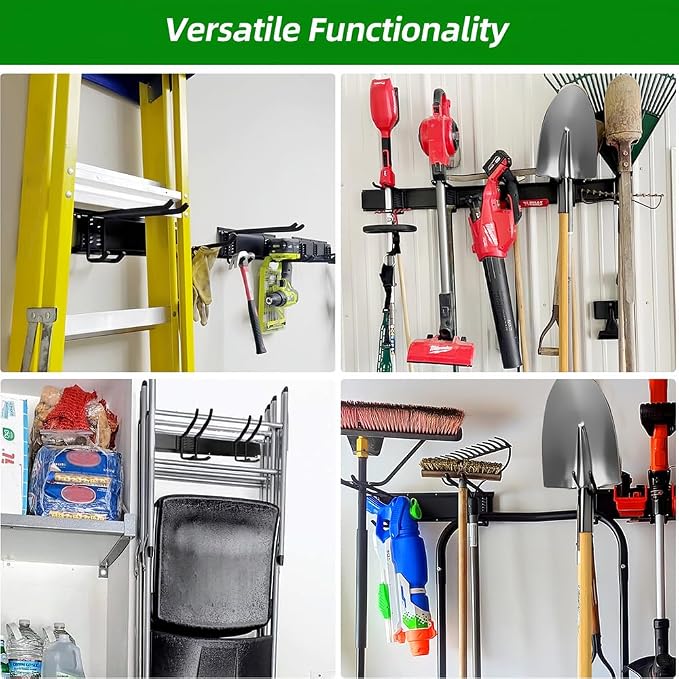 PIYILO Garage Tool Organizer Wall Mount with 48 inches Rails and 6 Double-layer Hooks, Garden Tool Rack Heavy Duty, Garage Hanging Storage Rack For Yard Tools, Shovel, Shed - Image 4