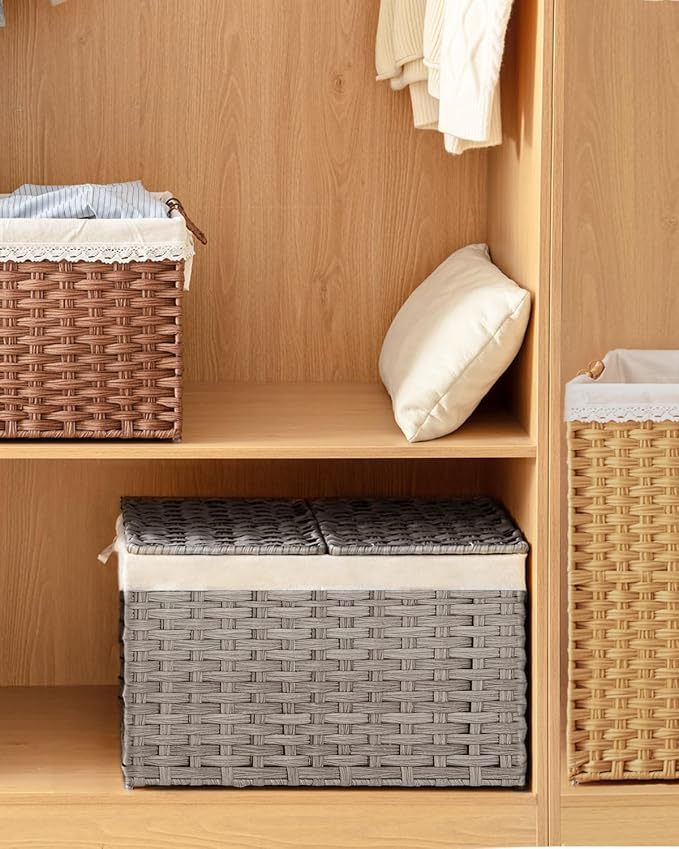 SETVSON Storage Basket with Lid Rattan Storage Basket with 2 Separate Lid, 27.8 Gallon (105 L) 25.2 * 15.4 * 16.1 Inches Woven Wicker Baskets with 2 Liners and Handles for Bedroom Laundry-Gray - Image 7