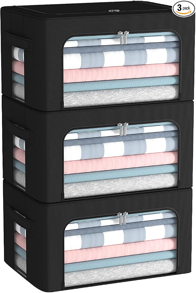 CYhom 3Pack Frame Storage Box - Clothes Storage Bin Bags Oxford Fabric Foldable Stackable Container Organizer Set with Clear Window & Carry Handles (Black, Small-22L) by CYhom