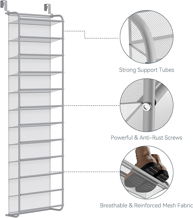 Whitmor 36 Pair Over The Door Shoe Organizer, 12 Tier Hanging Shoe Organizer, Heavy Duty Metal & Mesh Shoe Holder, Hanging Shoe Rack for Closet Organizer & Storage, 69"L x 21.7"W x 7.5"H, Grey - Image 4