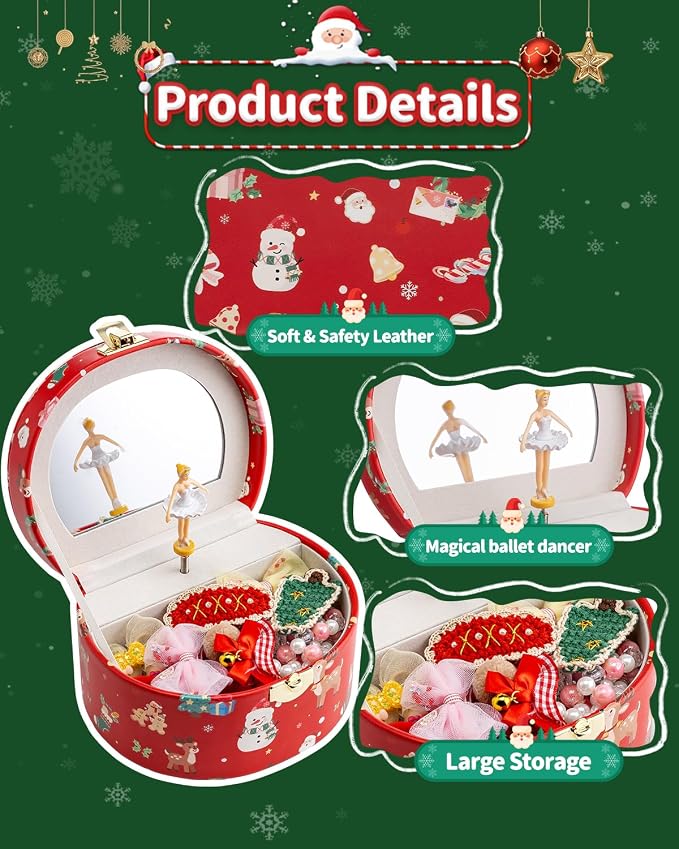 Vlando Christmas Gifts for Girl, Musical Jewelry Box for Girls, Small Kid Music Box with Ballerina for Party Bedroom Decor, Gifts for Girls Kids - Christmas Red - Image 4
