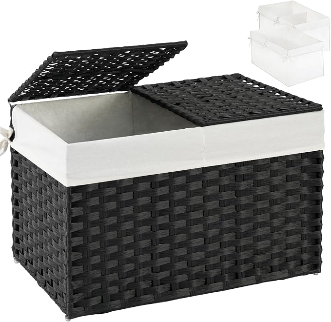 SETVSON Storage Basket with Lid Rattan Storage Basket with 2 Separate Lid, 27.8 Gallon (105 L) 25.2 * 15.4 * 16.1 Inches Woven Wicker Baskets with 2 Liners and Handles for Bedroom Laundry Black by SETVSON