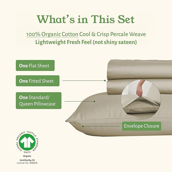 California Design Den Soft 100% Organic Cotton Sheets Twin XL Size Set - Crisp Percale Sheets with Deep Pockets, Breathable and Durable Bedding Set - Warm Taupe