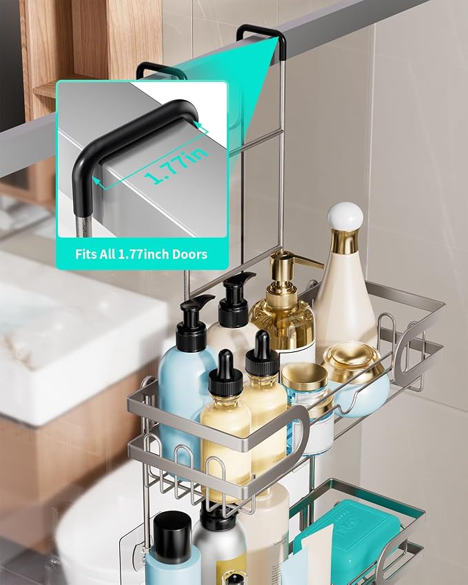 HapiRm Shower Caddy over Door- Hanging Shower Organizer with 14 Hooks and Soap Holder, Rustproof & Waterproof Stainless Steel Bathroom Shelf - Brushed Nickel - Image 3