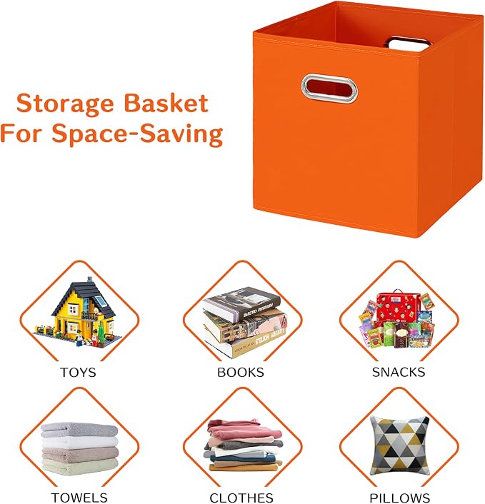 Black Fabric Cubby Storage Bins,13x13x13 Inches ,Cube Organizer Bin Foldable Storage Boxes with Dual Handles Fabric Organizer Box and collapsible Storage basket,Set of 3,Orange - Image 6