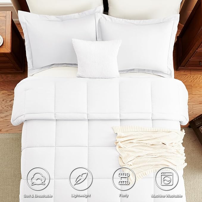 CozyLux Queen Size Comforter Sets White - 3 Pieces Box Stitched Queen Bed Set for All Seasons, Soft Lightweight Bedding Sets with 1 Down Alternative Comforter and 2 Pillow Shams