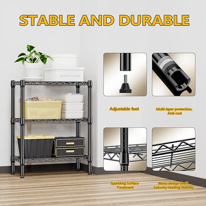 M MZG 750 lbs 3 Tier Shelf Metal Storage Shelves Wire Rack Closet Organizers for Garage Kitchen Bathroom Laundry Black 11.8" D x 25.6" W x 31.5" H - Image 7