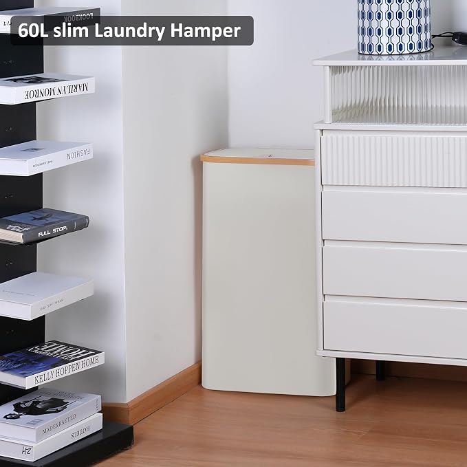 Slim Laundry Hamper,Narrow laundry Hamper with Lid,60L Hamper for Laundry,Dirty Cloth Hamper with Bamboo Handle for Toys,Towels, Clothes Organizing,Beige - Image 4
