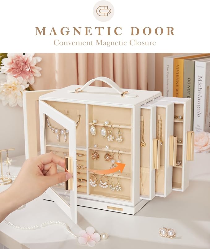 Homde Mothers Day Gifts Jewelry Box 360° Rotating, Necklace Earring Organizer with Transparent Window, Mirror, 7 Drawers, Large Ring Display Storage Case for Girls Women (White) - Image 7