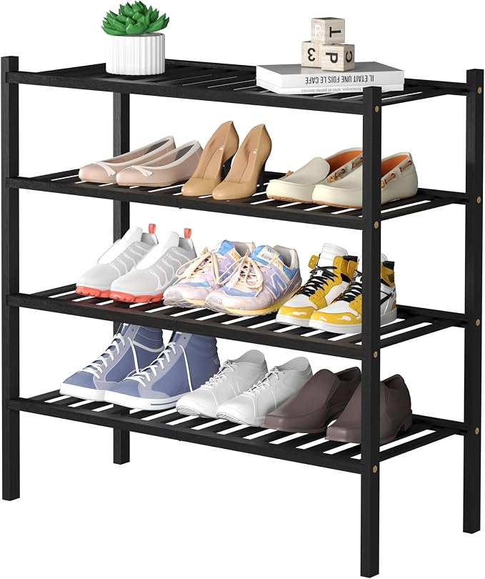 ROMGUAR CRAFT 4 Tier Bamboo Shoe Rack for Closet Free Standing Wood Shoe Shelf for Entryway Small Space Stackable 27"x11"x26" (Black) by ROMGUAR+CRAFT