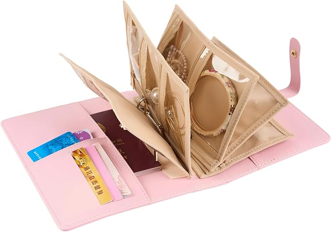 PU Leather Travel Jewelry Storage Box - Jewelry Binder Organizer with Zipper Velvet Pouches Bracelet Earring Rings Necklaces Jewelry Binder Gift for Women -Pink - Image 4