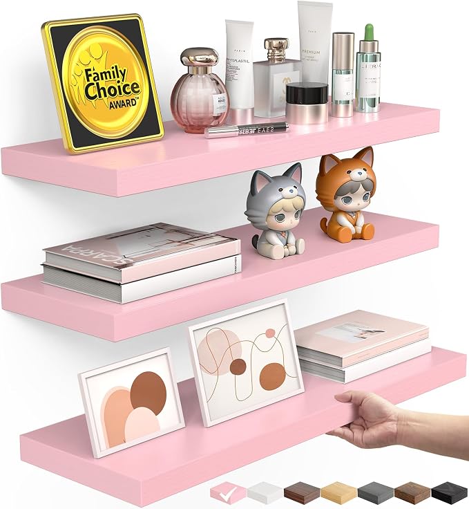 BAYKA Pink Floating Shelves for Wall Set of 3, 15.7in Wood Wall Shelves for Bathroom, Bedroom, Living Room Decor Organize, Hanging Shelf for Books/Storage/Display with 22lbs Capacity by Bayka
