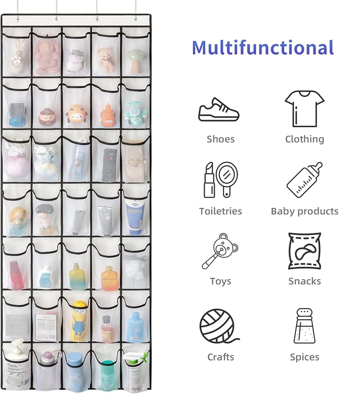 SAVERHO 35 Pockets Over the Door Shoe Organizer, Hanging Shoe Organizer for Door with 35 Mesh Pockets Large Capacity Shoe Hanging Storage Bag with 4 Metal Hooks (White-1Pack) - Image 7