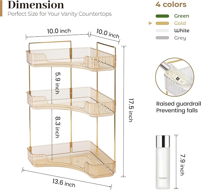 Aveniee Corner Bathroom Counter Organizer, Bathroom Countertop Shelf Makeup Organizer for Vanity Perfume Tray for Corner Storage (3 Tiers, Gold) - Image 3