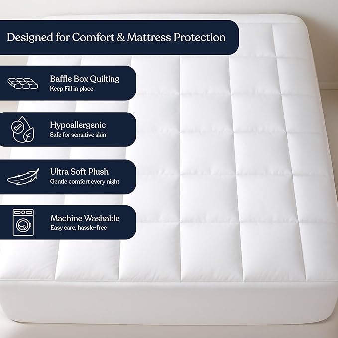 Delara King Size Organic Cotton Mattress Pad & Protector – Hypoallergenic Down Alternative Fill, Waterproof Noiseless TPU Protection, Cooling Mattress Topper and Cover