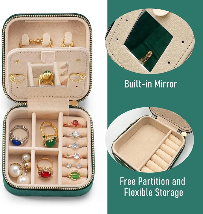 Personalized Velvet Travel Jewelry Case Box For Women Ring Necklace Earring Holder Organizer with Mirror Green Girls Box Birthday Gifts Mom Initial Y - Image 4