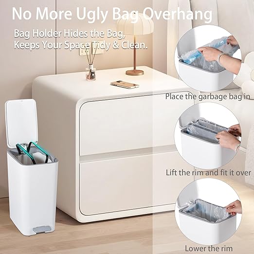 rejomiik Small Bathroom Trash Can with Lid, 2.1 Gallon Step Garbage Can with Handle, Slim Mini Wastebasket Bin for Bedroom, Office, Dorm, White - Image 5