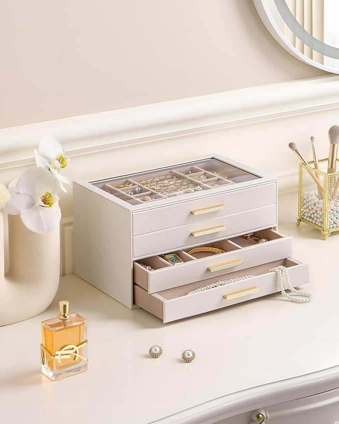 Lolalet Jewelry Box Organizer, 4-Layer Jewelry Organizers and Storage Case with Glass Lid, Ring Earring Bracelet Necklace Holder Organizer, Birthday Valentine Gifts for Women Girls -4Layer, Beige - Image 2