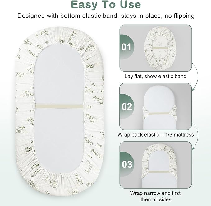 Basumee Muslin Bassinet Sheets for Baby Girl Boy 2 Pack Soft Breathable Baby Bedside Bassinet Fitted Sheets with Bottom Elastic Band Mattress Cover for Rectangle Oval Hourglass Bassinets