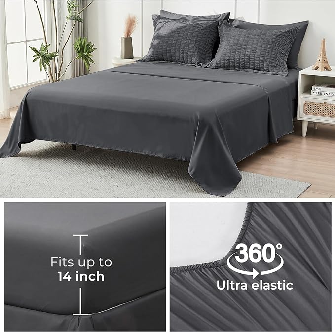 HYMOKEGE Oversized King Comforter Set Seersucker 7 Pieces, All Season Luxury Bed in a Bag for Bedroom, Bedding Set with Comforter, Sheets, Pillowcases & Shams, Dark Grey