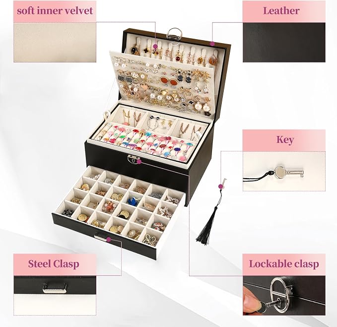 BOOVO Earring Jewelry Box For Women Girl Stud Organizer, 5 Layers Girl Jewelry Organizer Box With Lock Earring Holder Organizer Necklace Ring Jewelry Organizer Box For Girls (Black) - Image 4