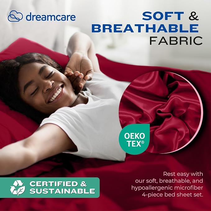 DREAMCARE Queen Size Sheets - Cooling Bed Sheets - 4pcs Set - up to 15" Deep Pocket Queen Sheet Set - Sheets Queen Size Bed - Soft & Long Lasting 100% Fine Brushed Polyester with Side Pocket -Brgndy