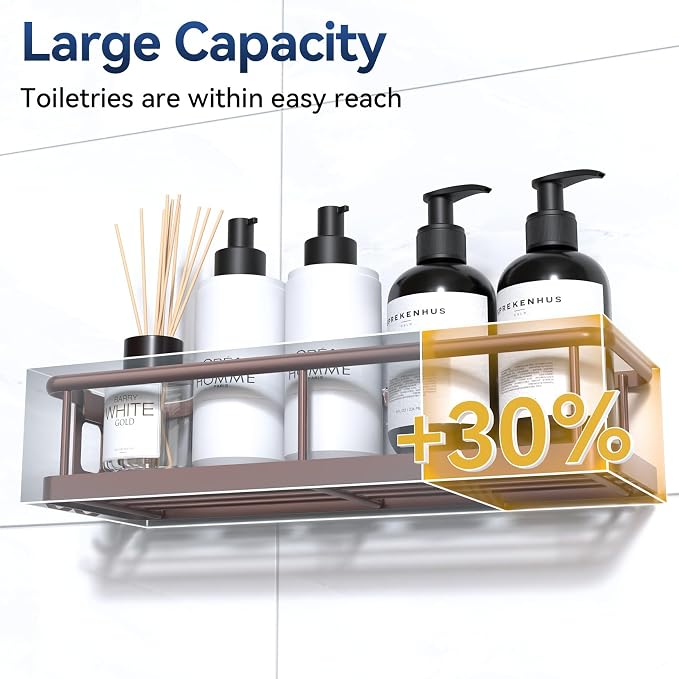 YASONIC Shower Caddy Adhesive, No Drill Bathroom Shower Organizers, with Removable Hooks, Rust Proof Shower Shelves, Wall-Mounted Shower Holder, 2 Pack Bronze - Image 2
