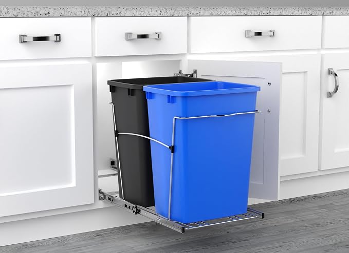 Rev-A-Shelf RV-18KD-2218C-S Double Pullout Trash Cans for Kitchen Cabinets 35 Quart Garbage Recycling Bin on Full Slides, Blue/Black - Image 6