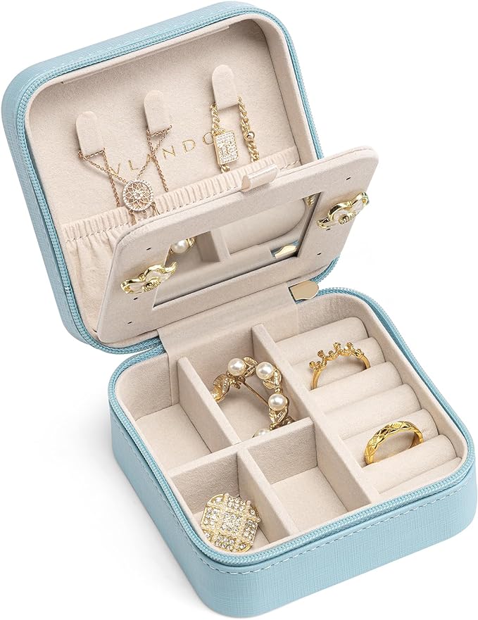 VLANDO Teacher Appreciation Graduation Gifts - Small Travel Jewelry Box Organizer - Display Case for Girls Women Gift Rings Earrings Necklaces Storage with Mirror Blue by VLANDO