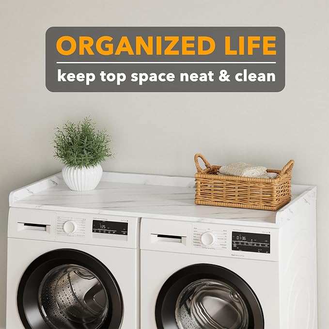 SpaceAid Washer Dryer Countertop, Laundry Wood Shelf Topper with Edge, 54" Width x 27.5" Depth Cover Guard Organizer for Washer and Dryer Laundry Hamper Counter Storage Organization (White Marble) - Image 5