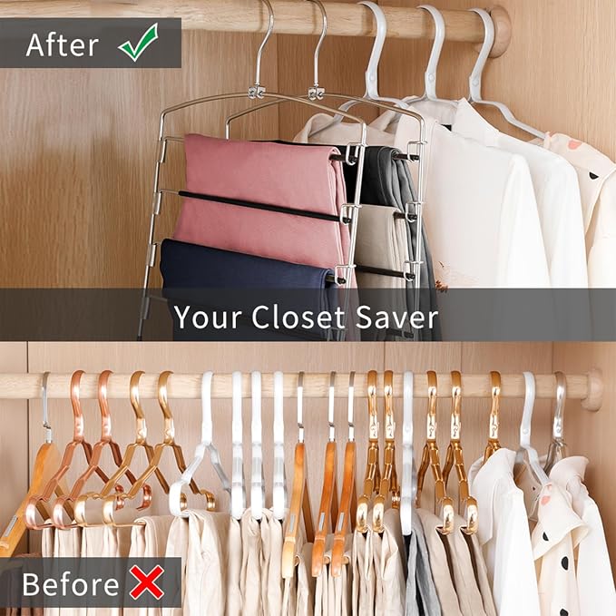 FeeraHozer Pants Hangers Non Slip 3 Pack Space Saving Hangers Multi-Layer Swing Arm Pants Hanger Stainless Steel Space Saver Hanger Closet Storage Organizer for Jeans Trouser Slacks Clothes (Black) - Image 3