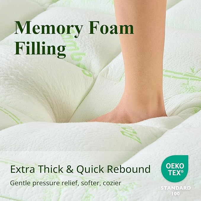 Memory Foam Mattress Topper - Viscose Made from Bamboo Pillow Top Thick Queen Size Mattress Pad for Back Pain, Ultra Soft & Cooling for Hot Sleepers, 6-18'' Deep Pocket, Green