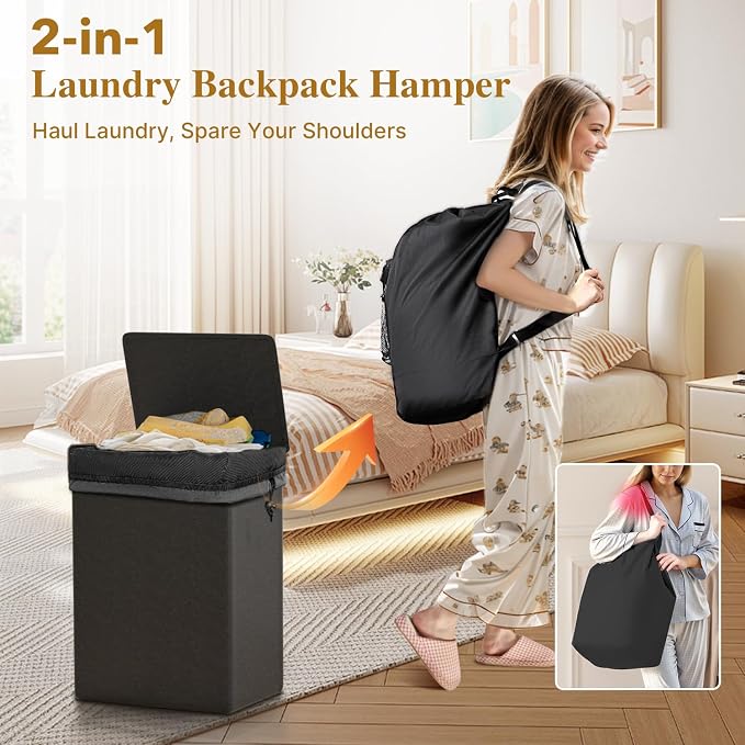 Foluck 60L 2-in-1 Laundry Hamper with Laundry Backpack, Waterproof Basket with Lid, Laundry Bag with Shoulder Straps and Mesh Pocket, Hamper for College Dorm, Travel, Apartment, Laundromat - Image 2