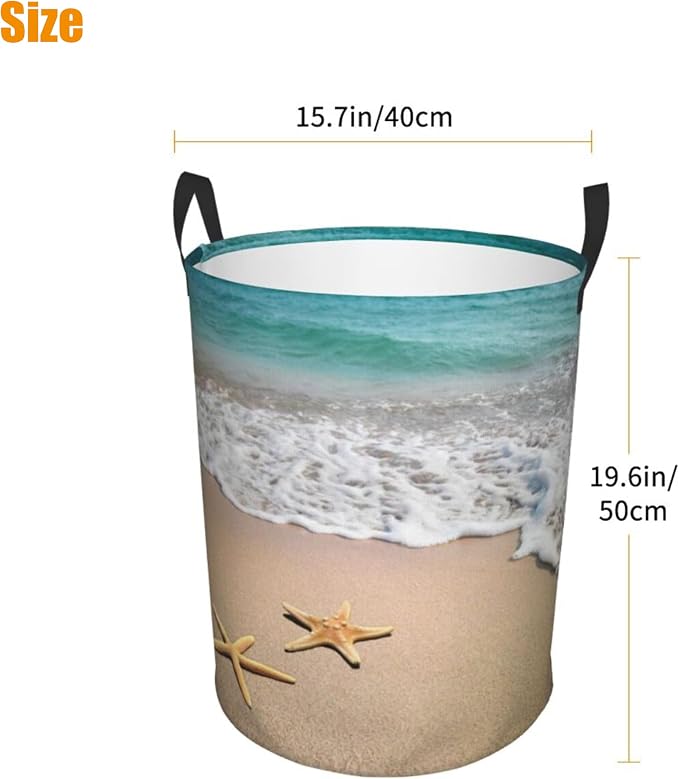 Laundry Basket Beach Starfish Room Decor,Round Laundry Hamper Waterproof Dirty Clothes Hamper Collapsible Laundry Baskets With Handles,Toy/Clothes Storage Beach Towel Basket For Dorm Bathroom Decor - Image 4