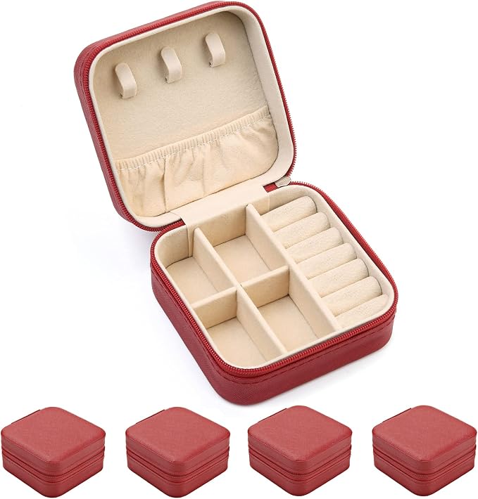 TRODANCE Mini Jewelry Case, Small Travel Jewelry Organizer, Portable Jewelry Box Mini Storage Organizer Display Box For Rings Earrings Necklaces (Red-4pcs) by TRODANCE