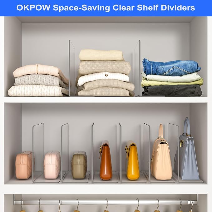 OKPOW Shelf Dividers Closet Organizer - 7.5" Tall X 11.8" Deep Acrylic Clear Sturdy Separate for Clothes Purse - Adjustable Space Saver Easy Install for Home Organization Enthusiasts 4 Pack - Image 5