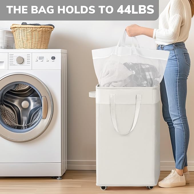 Goodpick Laundry Hamper with Wheels, 75L College Dorm Room Essentials, Clothes Hamper with Removable Wash Bag for Bedroom, Large Laundry Basket with Handle, White - Image 6