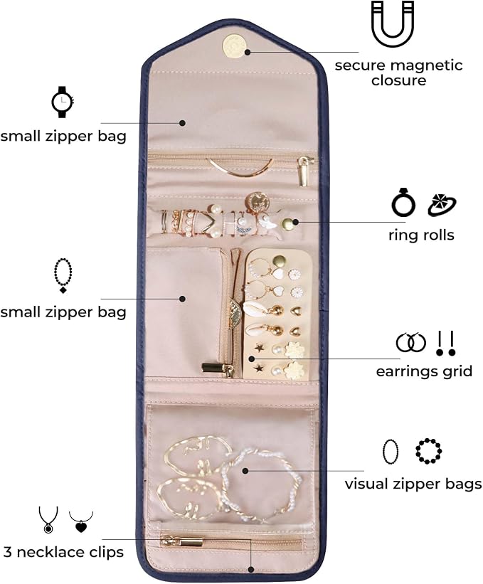 BAGSMART Travel Jewelry Organizer Case Foldable Jewelry Roll for Journey Rings, Necklaces, Earrings, Bracelets,Mini,Smokey Blue - Image 3