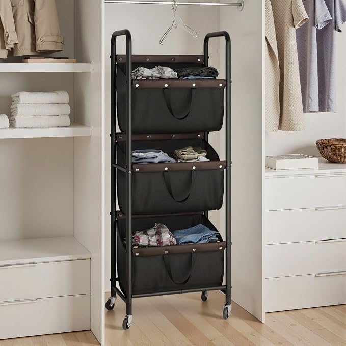 GRANNY SAYS 3 Tier Laundry Sorter, Laundry Basket with Wheels, Laundry Room Organization and Storage, 3 Section Rolling Laundry Cart for Dorm, Bathroom, Bedroom, Closet, Black - Image 2