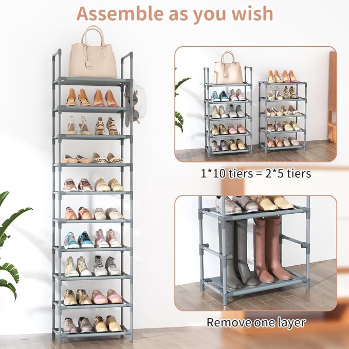 LANTEFUL 10 Tiers Tall Shoe Rack 20-25 Pairs Boots Organizer Storage Sturdy Narrow Shoe Shelf for Entryway, Closets with Hooks, Grey - Image 5