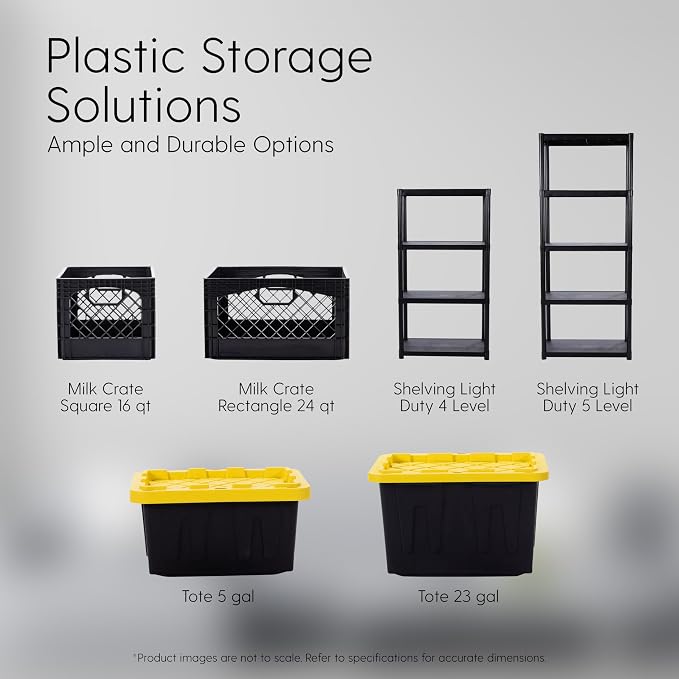 Plastic 5-Gallon Storage Tote with Lockable Lid, Stackable Tough Regular-Duty Bin for Garage, Tools, and Home Organization (2-Pack) - Black and Yellow - Image 4