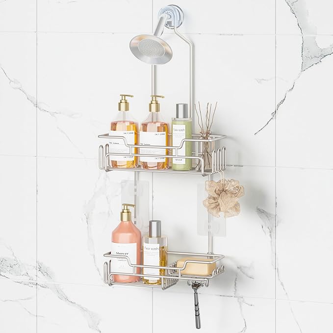 SWTYMIKI Bathroom Shower Caddy Hanging - Extended Length 2 Tier Rustproof Over Shower Head Organizer, No Drilling Bathroom Shelf with 14 Hooks & Soap Holder, Anti-Swing Rack, Sand Nickel by SwtyMiki-TidyHomeSweetLife