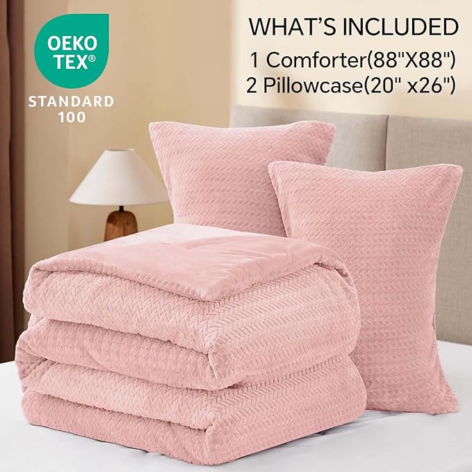 Flannel Fleece Queen Comforter Set - Furry Pink Leaves Pattern Faux Fur Bed Set, Winter Ultra Soft Fuzzy Comfort Set, Velvet Bedding Set for Bed with 2 Pillow Cases